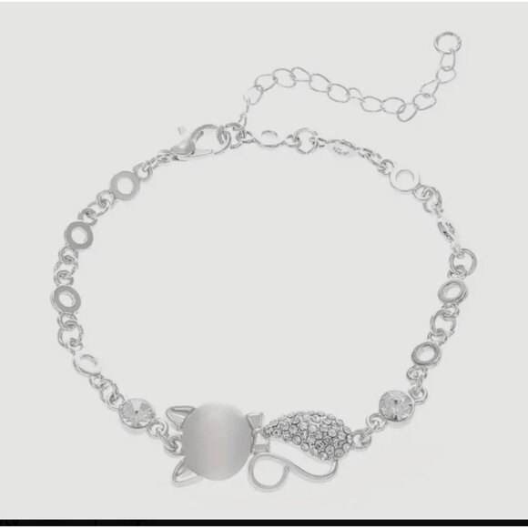 Cat's Eye and Rhinestone Bracelet 14Kt White Gold Plated NWOT Adorably Cute Gift - Picture 4 of 6
